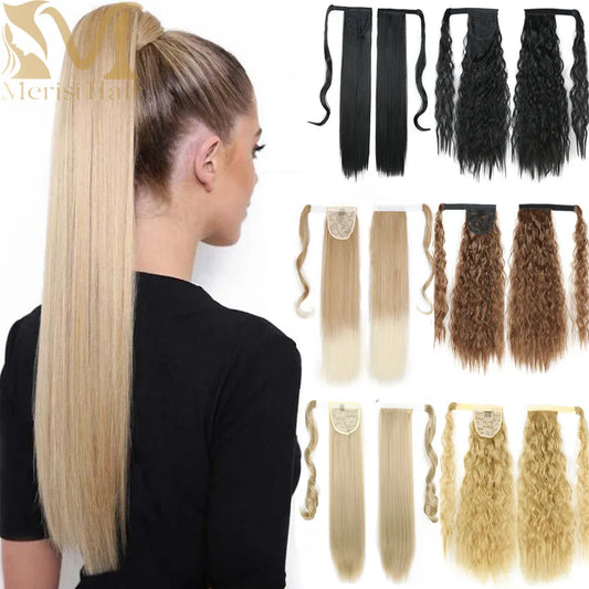 MERISIHAIR Synthetic Long Straight Wrap Around Clip In Ponytail Hair Extension Heat Reistan Pony Tail